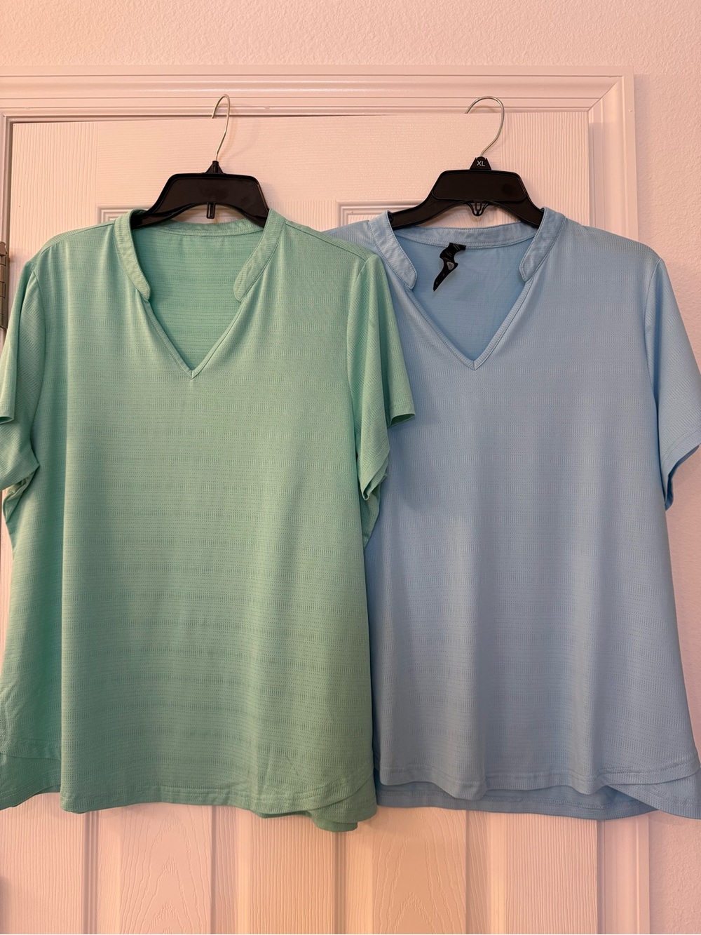 Moisture Wicking V-Neck Short Sleeve Tees in Mint Green and Light Blue, Set of 2